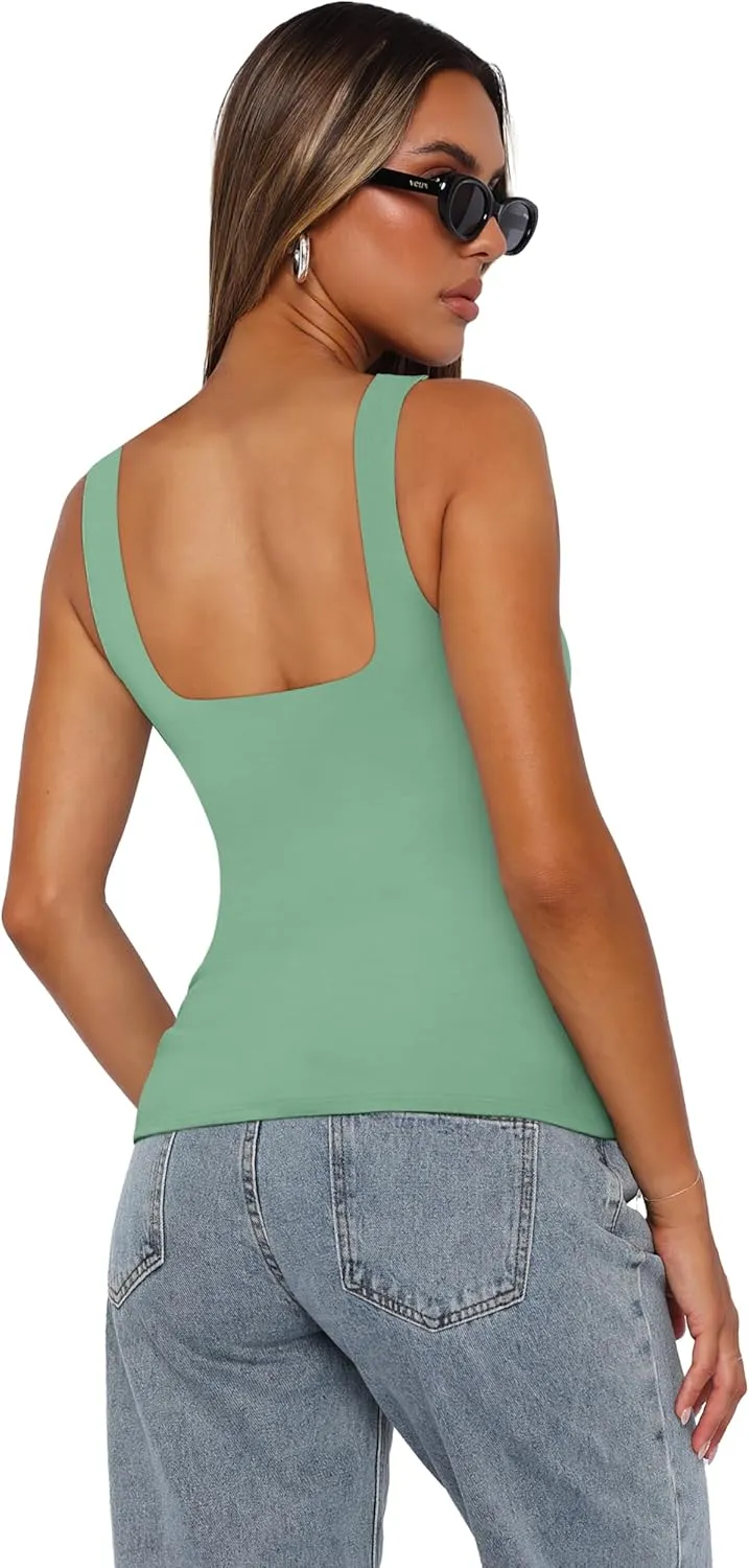 XIEERDUO Womens Square Neck Fitted Tank Tops Double Layer Seamless Slim Fit Shirts 2025 Basic Spring Summer