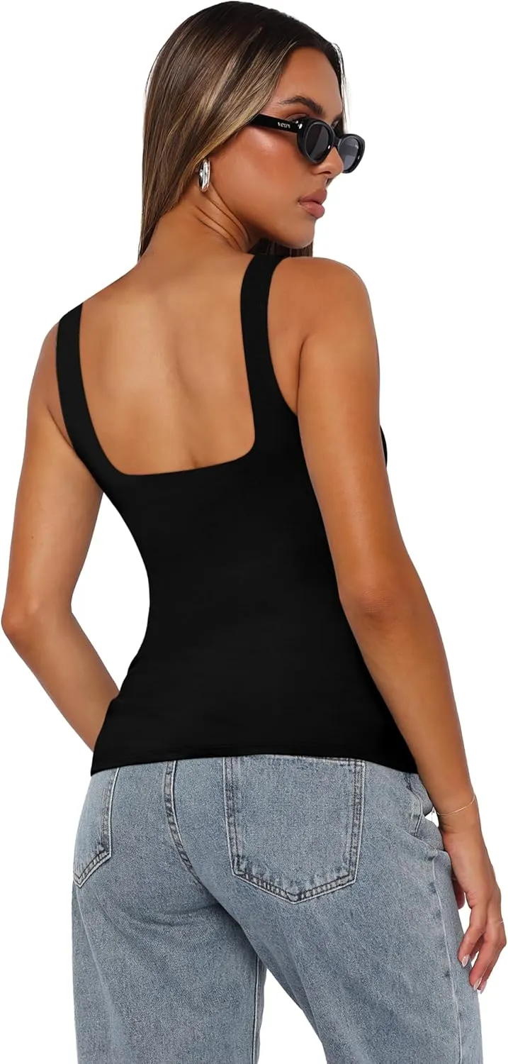 XIEERDUO Womens Square Neck Fitted Tank Tops Double Layer Seamless Slim Fit Shirts 2025 Basic Spring Summer
