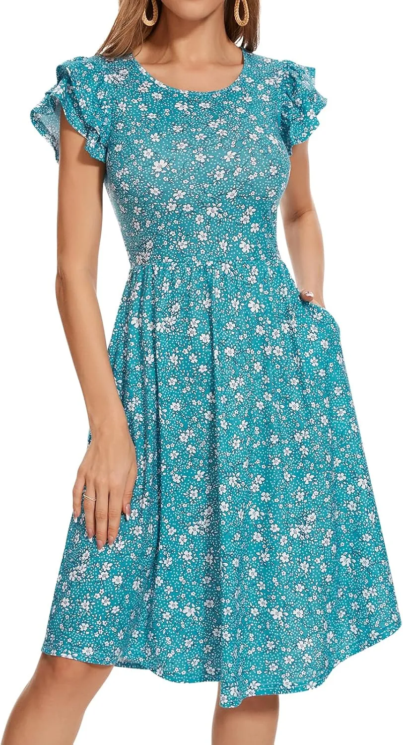 YATHON Casual Summer Dresses for Women with Pockets Crewneck Sundress
