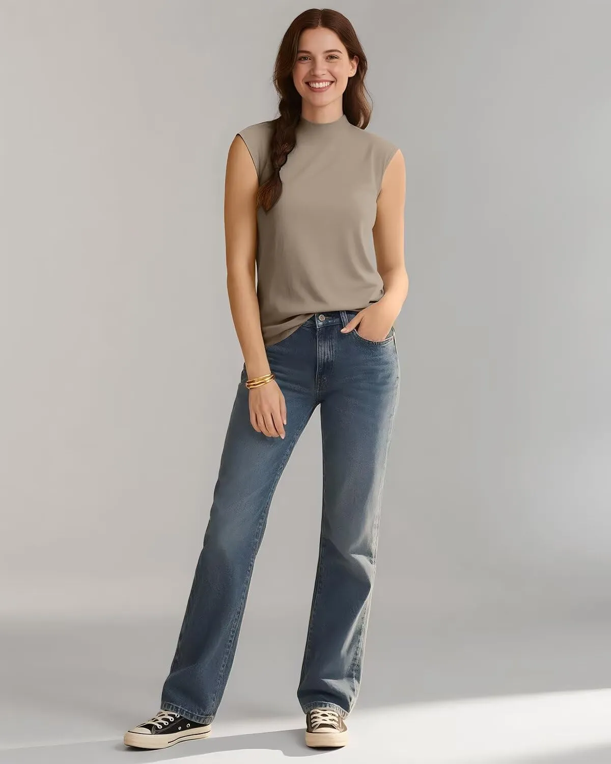 Zengjo Sleeveless Tops for Women - Mock Neck Fitted Tank Top, Ribbed Knit Layering Shirt for Work or Casual