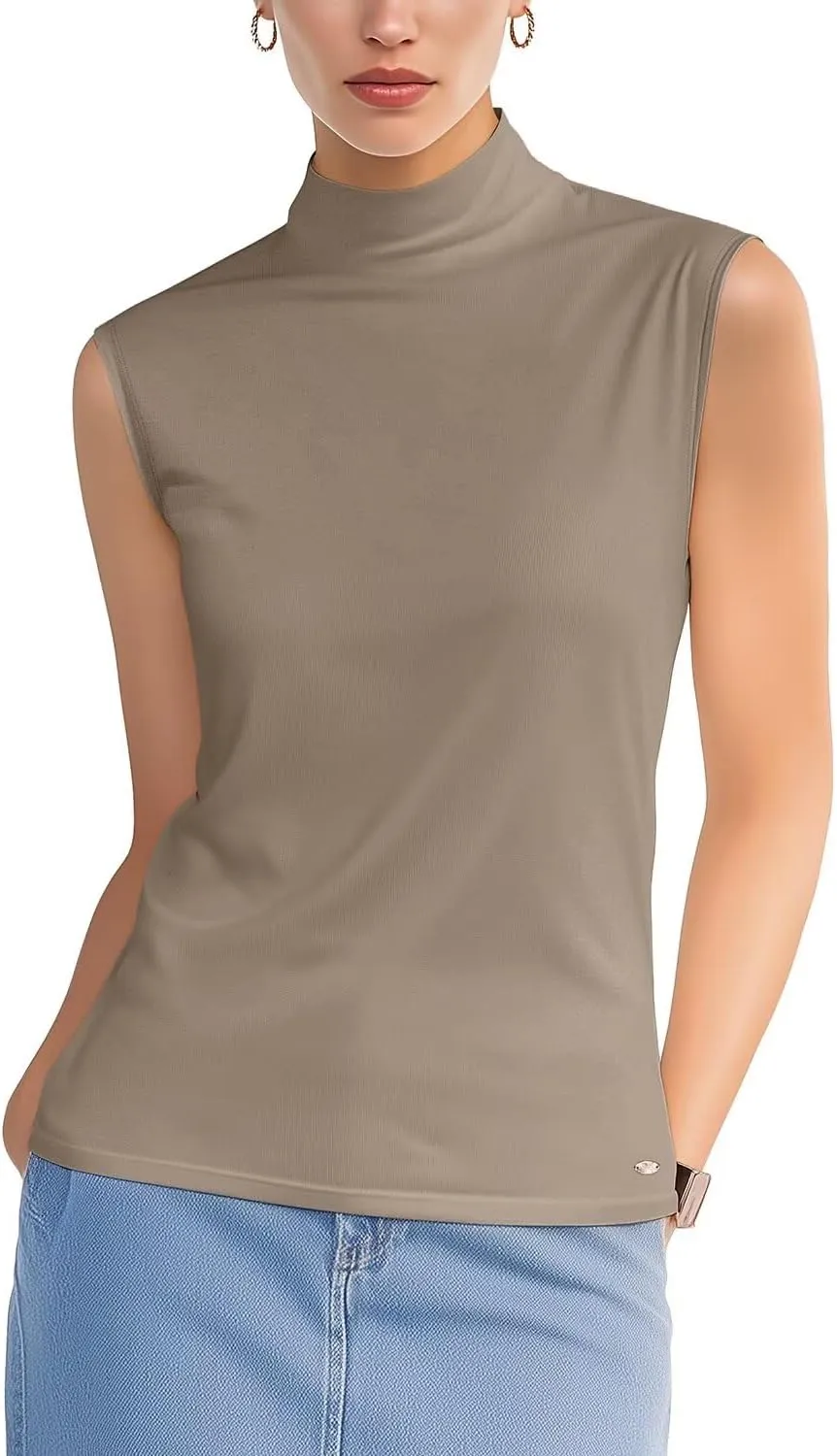 Zengjo Sleeveless Tops for Women - Mock Neck Fitted Tank Top, Ribbed Knit Layering Shirt for Work or Casual