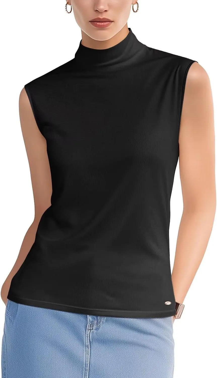 Zengjo Sleeveless Tops for Women - Mock Neck Fitted Tank Top, Ribbed Knit Layering Shirt for Work or Casual