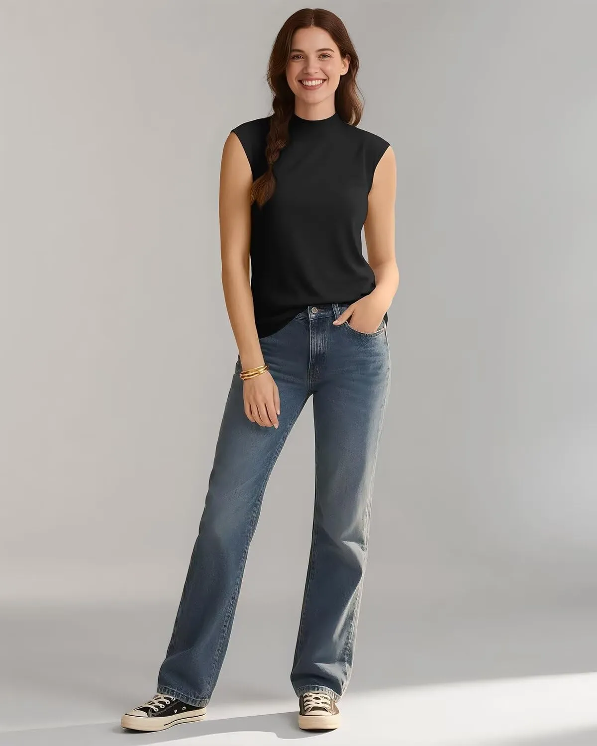 Zengjo Sleeveless Tops for Women - Mock Neck Fitted Tank Top, Ribbed Knit Layering Shirt for Work or Casual