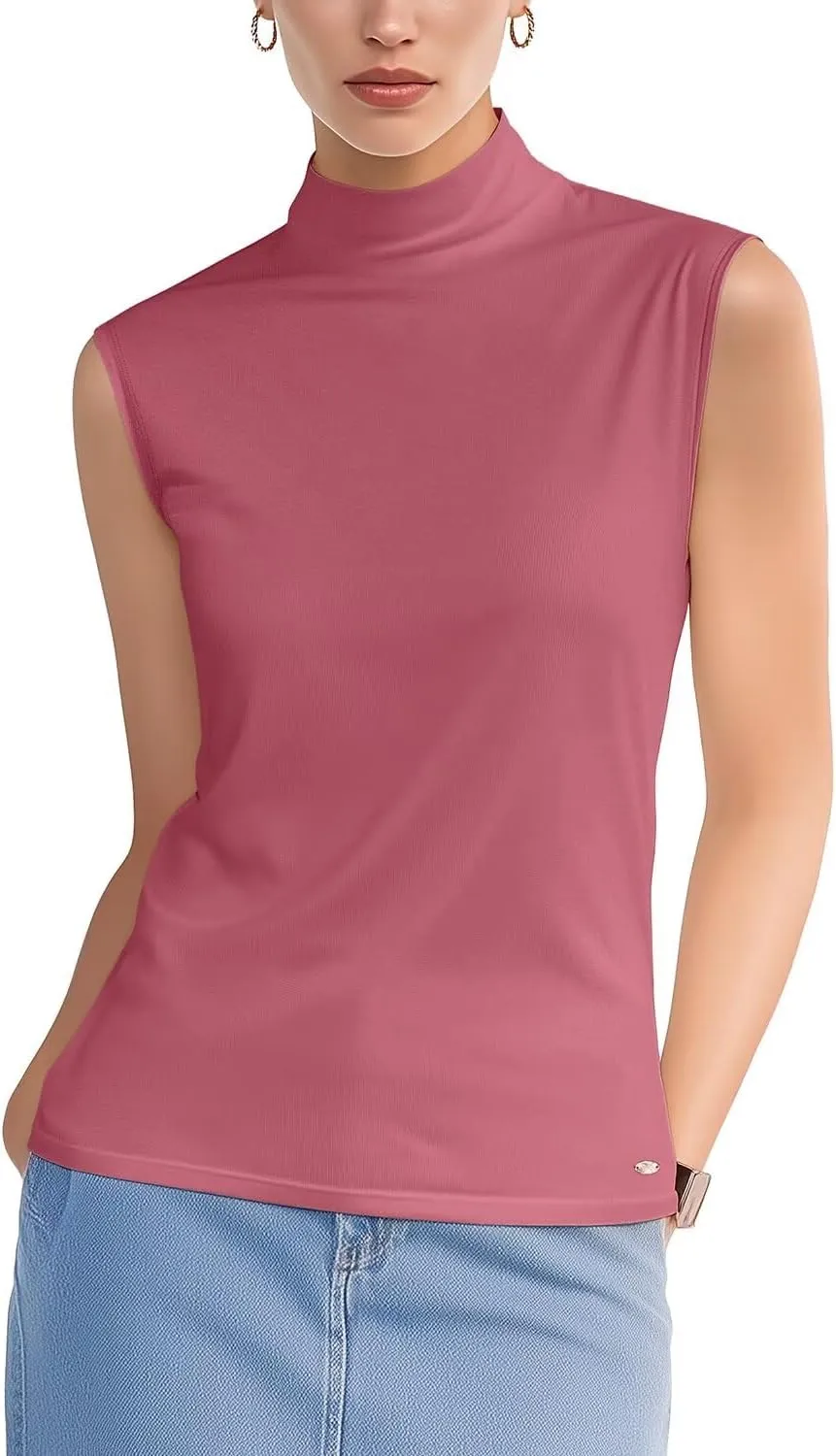 Zengjo Sleeveless Tops for Women - Mock Neck Fitted Tank Top, Ribbed Knit Layering Shirt for Work or Casual
