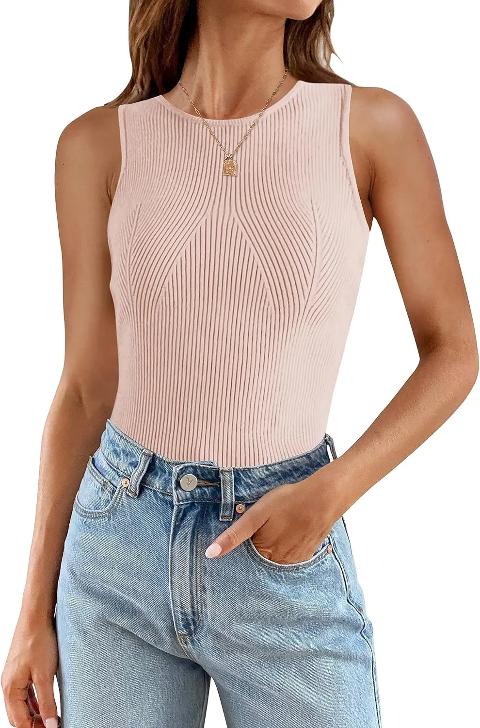 ZESICA Womens 2025 Ribbed Tank Tops Summer Sleeveless High Neck Casual Slim Fitted Basic Knit Shirts